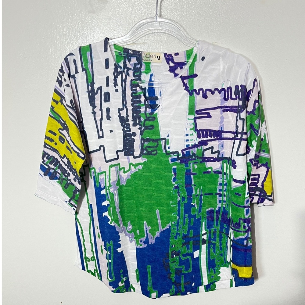 Atelier5 Top Women‎ Medium Multicolor Abstract Graphic Art To Wear 3/4 Sleeve